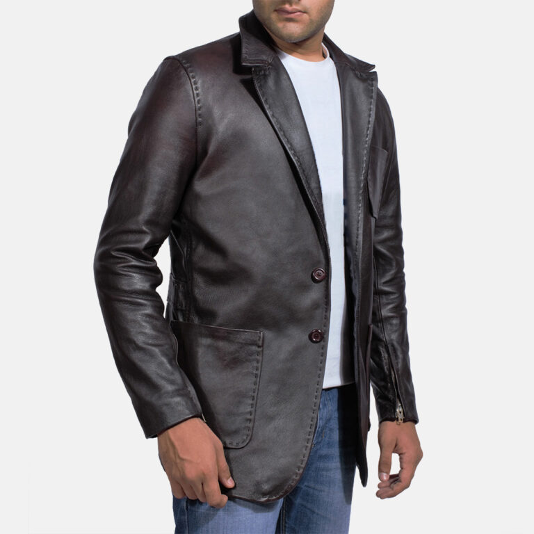 Mens Wine Black Leather Blazer 5-1491466613100